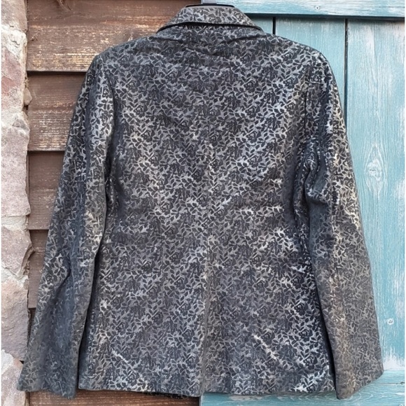 Arden B 100% Real Leather Floral Blazer Jacket Sz L Gray Black Sliver unique - Picture 2 of 5